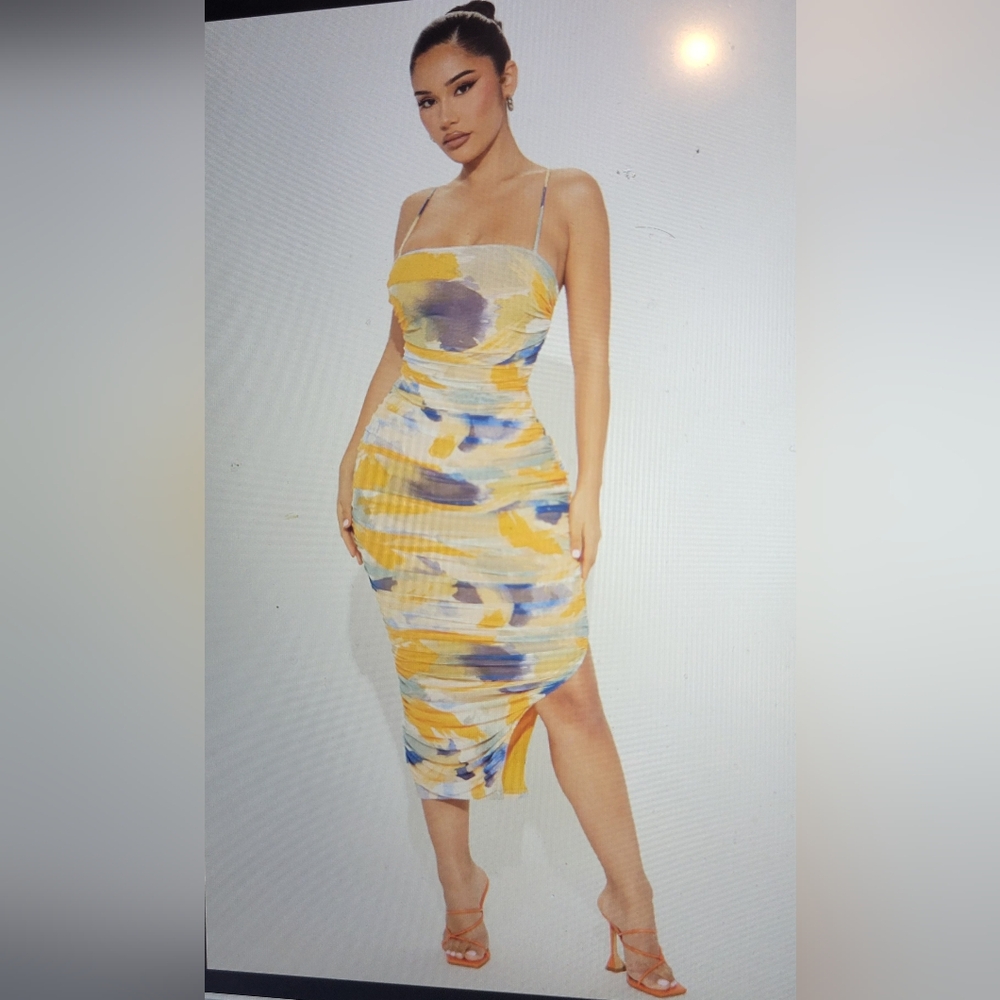Fashion Nova Golden yellow, cream and periwinkle blue Mesh Bodycon Dress Sz XL